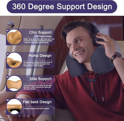 Napfun Neck Pillow - Upgraded 100% Pure Memory Foam Travel Pillow for Airplane | Portable Black Headrest