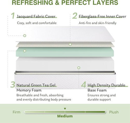 EGOHOME Memory Foam Mattress - 10-Inch Cooling Green Tea Gel for Pressure Relief | Full Size 75''L x 54''W, White