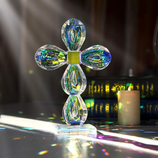 QFkris Crystal Standing Cross Figurine - Elegant 8.5-Inch Glass Tabletop Decor Gift for Women