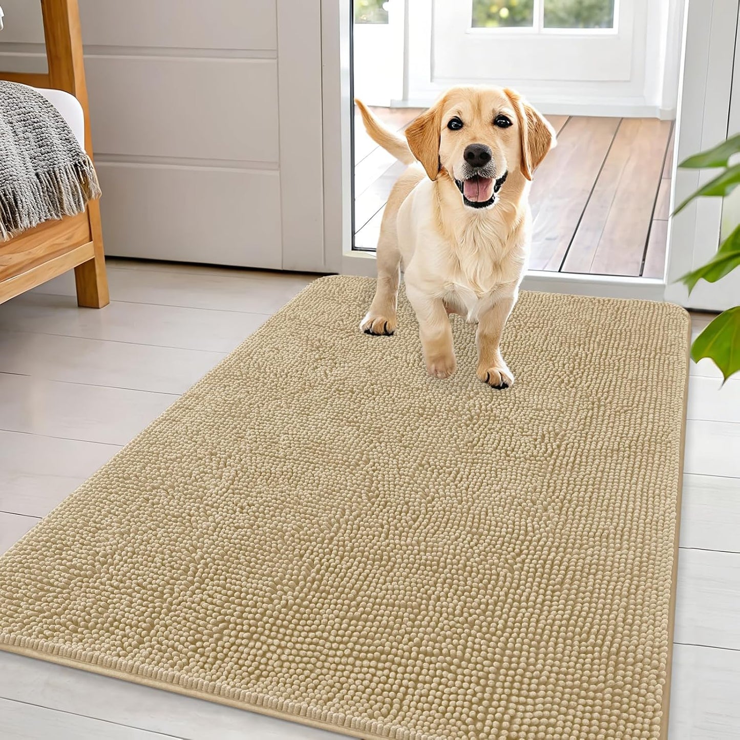 OLANLY Dog Door Mat - Absorbent Non-Slip Washable Chenille Mat for Muddy Paws | 44x32, Beige