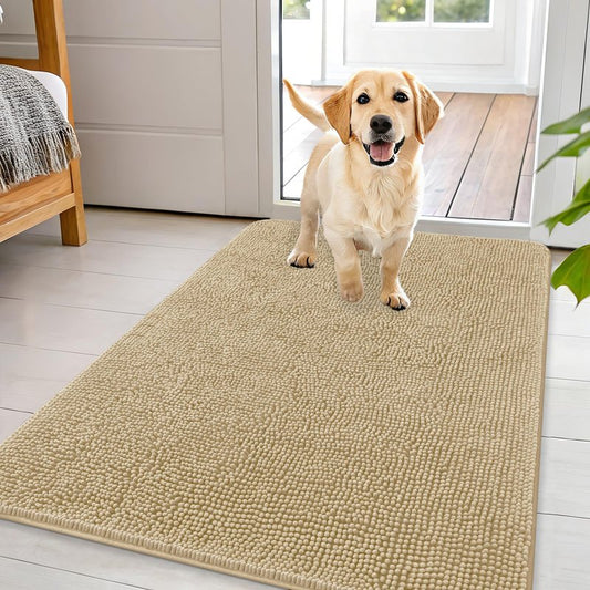 OLANLY Dog Door Mat for Muddy Paws 44x32, Absorbs Moisture and Dirt, Absorbent Non-Slip Washable Doormat, Quick Dry Chenille Mud Mat for Dogs, Entry Indoor Entryway Carpet for Inside Floor, Beige