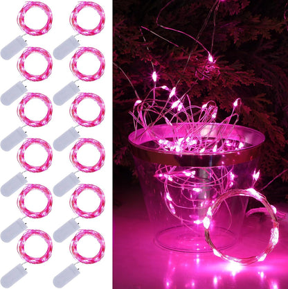 WATERGLIDE 12 Pack Fairy Lights - Battery Operated 20 LED Mini String Lights, 7 ft Waterproof Silver Wire for Wedding Decor | Pink