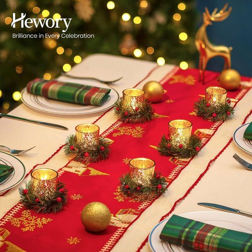 Hewory Tealight Candle Holders - Set of 6 Decorative Gold Holders with Xmas Wreath | Perfect for Holiday Centerpieces
