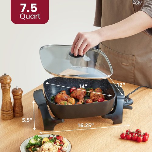 Elite Gourmet Extra Deep Non-Stick Electric Skillet - 12"x12"x3.2" (7.5Qt) with Glass Lid & Adjustable Temp, Black