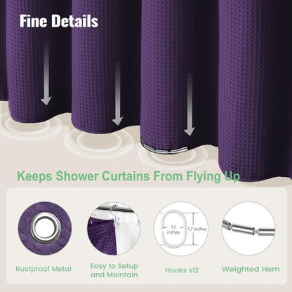 Dynamene Extra Long Shower Curtain and Liner Set - 96 inch Tall Waffle Fabric, Waterproof Clear Liner, Heavy Duty Weighted Hotel Luxury Cloth Shower Curtains for Bathroom with 12 Hooks, 72x96, Purple