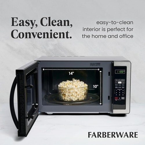 Farberware 1.1 Cu. Ft. Microwave Oven - 1000 Watts, Auto Cook, Defrost & Child Safety Lock | Stainless Steel