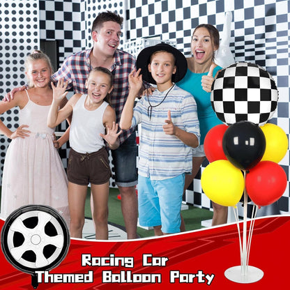 Race Car Party Balloons Kit - 2 Sets with Checkered Foil Balloons | Red, Black & Yellow Birthday Decor
