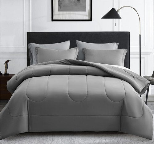 Maple&Stone Queen Size Comforter Set - 7-Piece Down Alternative Bed in a Bag | Soft Reversible Duvet in Dark Grey & Light Grey