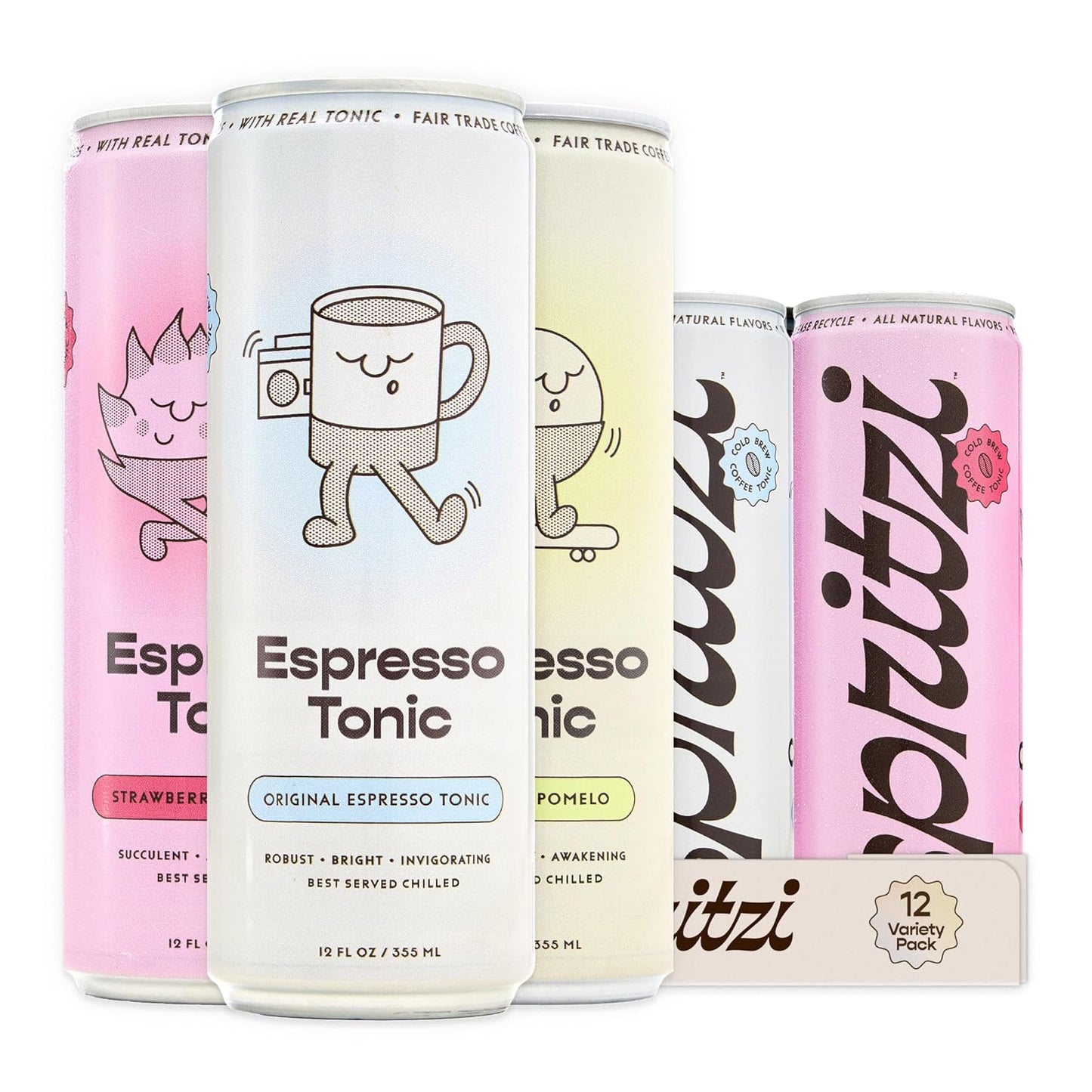 Spritzi Sparkling Espresso Tonic Variety Pack – 75mg Caffeine, Fair Trade Coffee, Naturally Sweetened, Refreshing Energy Drink Alternative – Canned Coffee Drinks (12 Fl Oz x 12 Pack, 3 Flavors)