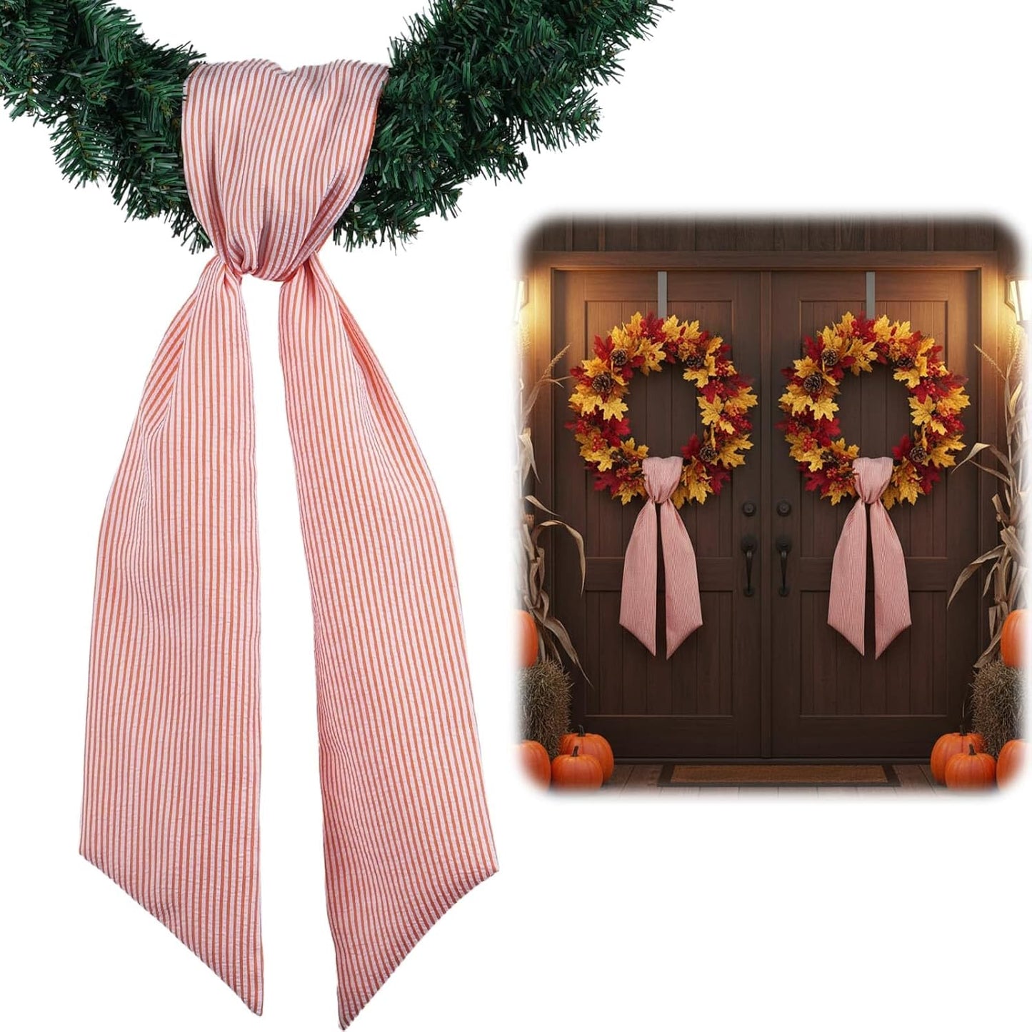 Orange Striped Wreath Sash Set by [Brand Name] - 2 Pack Modern Ribbon Bow for Fall Thanksgiving Decor | 5.12" Wide x 54.33" Each