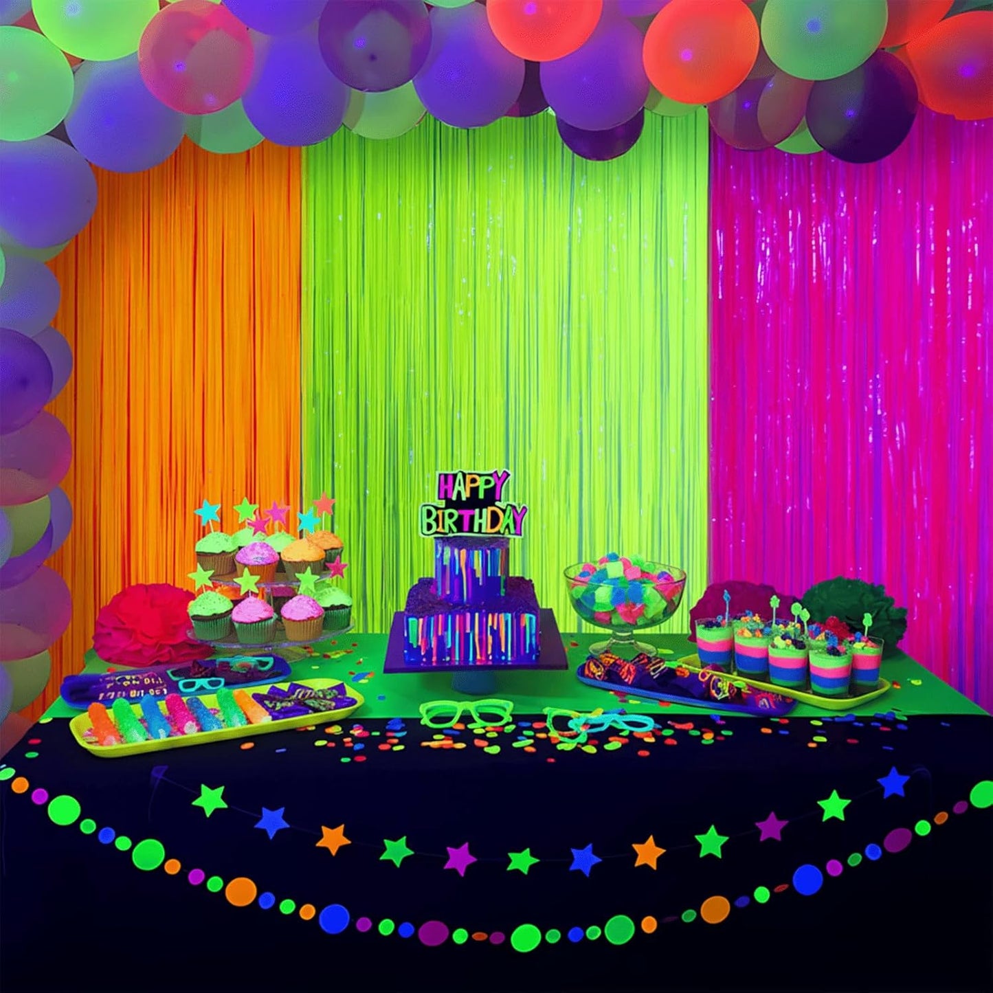 Mega-L Glow In The Dark Party Supplies - 3 Pack Neon Tinsel Foil Fringe Curtains | 9.9 x 6.6 ft Backdrop for Birthday & New Year's Eve Celebrations