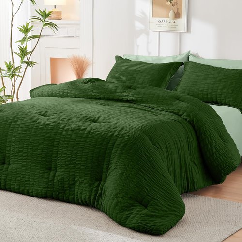 HYMOKEGE Dark Green/Sage Green Twin XL Comforter Set Seersucker 5 Pieces, All Season Luxury Bed in a Bag for Bedroom, Bedding Set with Comforter, Sheets, Pillowcase & Sham