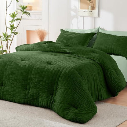 HYMOKEGE Dark Green/Sage Green Twin XL Comforter Set Seersucker 5 Pieces, All Season Luxury Bed in a Bag for Bedroom, Bedding Set with Comforter, Sheets, Pillowcase & Sham