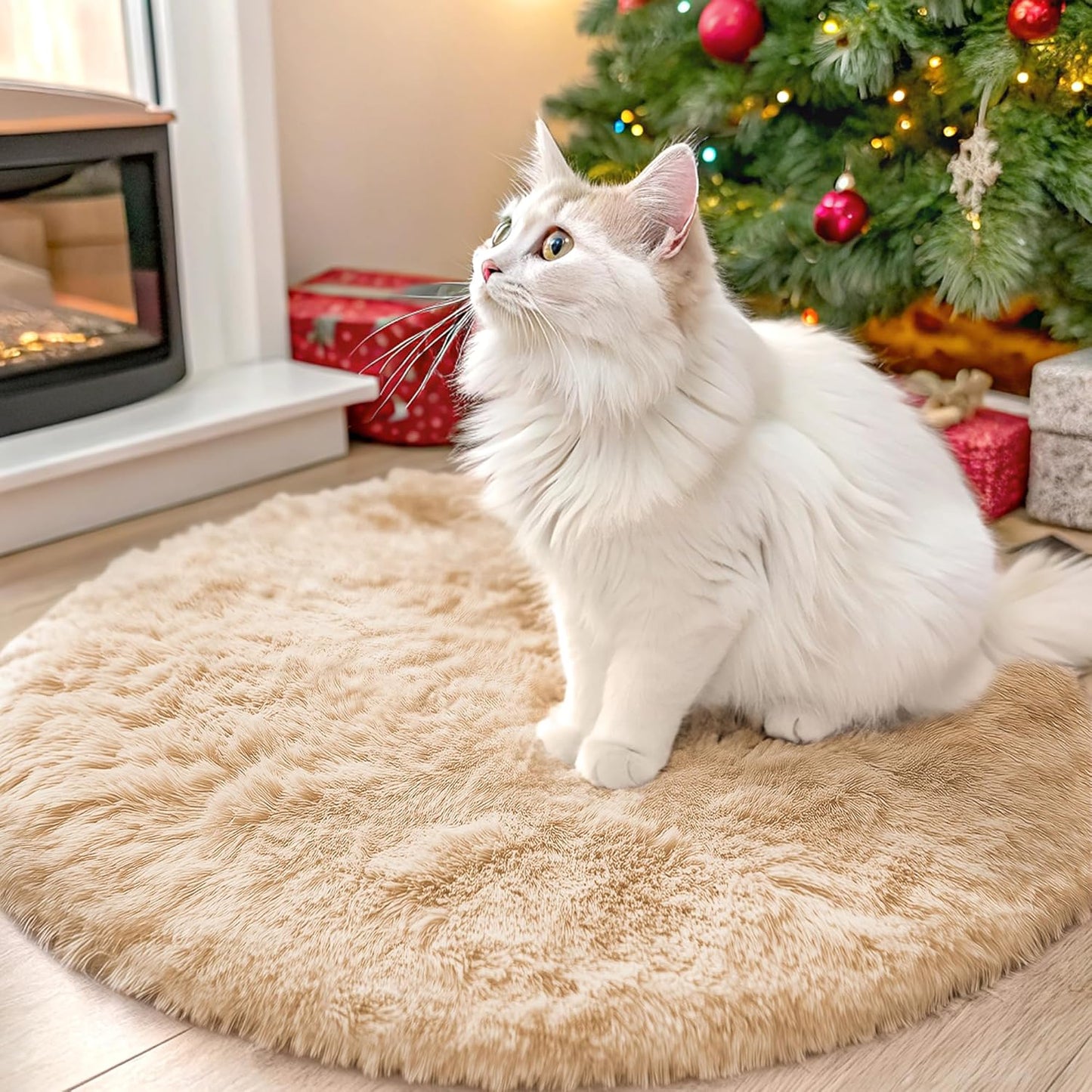 OLANLY Round Beige Area Rug - Soft, Machine Washable 2 ft Circle Carpet for Bedroom & Living Room Decor