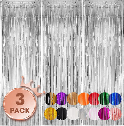 Voircoloria Silver Foil Fringe Backdrop Curtains - 3 Pack Tinsel Streamers for Parties | 3.3x8.2 Feet