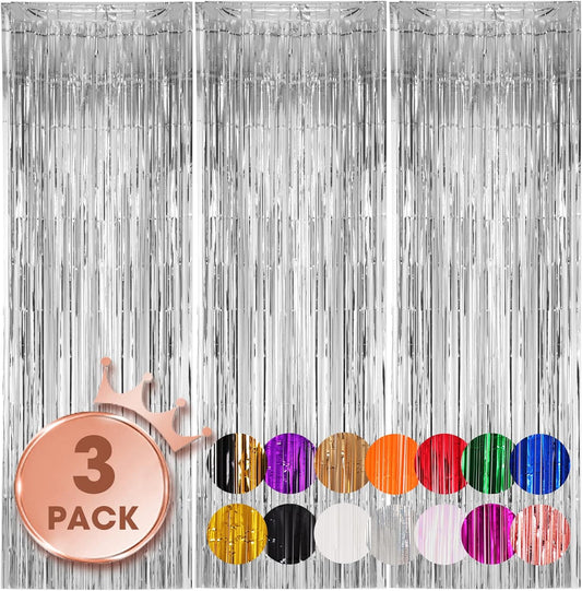 Voircoloria Silver Foil Fringe Backdrop Curtains - 3 Pack Tinsel Streamers for Parties | 3.3x8.2 Feet