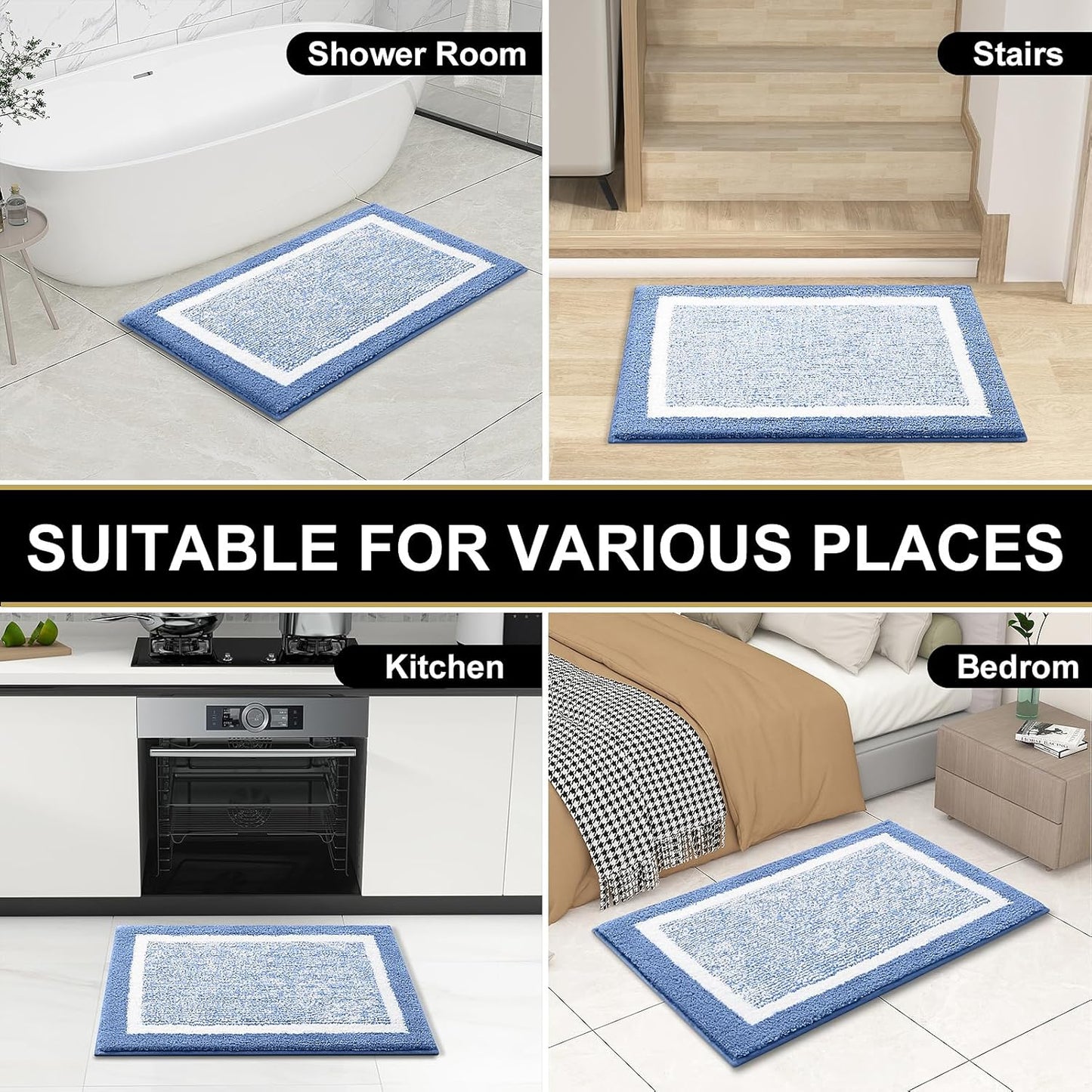 OLANLY Microfiber Bath Mat - Extra Soft, Absorbent & Non-Slip | 24x16 Inches, Quick Dry, Blue