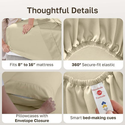 California Design Den King Size Sheets Set - Soft 400 Thread Count Sateen, 100% Cotton, Deep Pockets - Beige