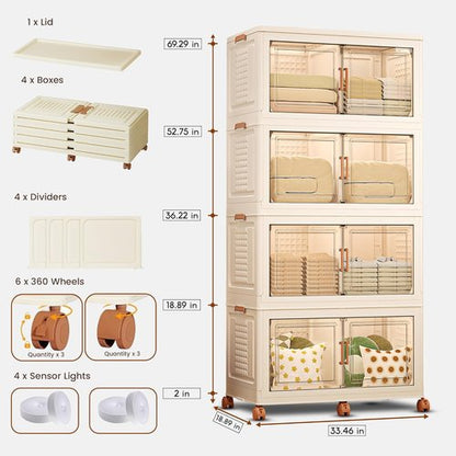 FINCHESCLUB Stackable Storage Bins - Extra Large 752QT Foldable Bins with Doors & Wheels | 4 Pack