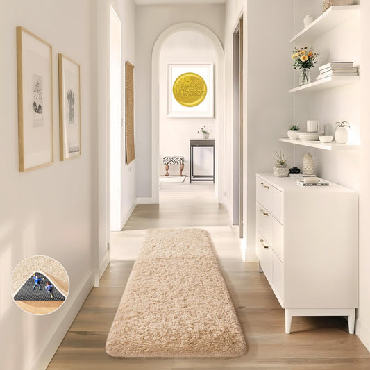 Ophanie Runner Rug - Non-Slip Fluffy Soft Bedroom Carpet | 2x6 Beige Shag for Hallway & Nursery Decor