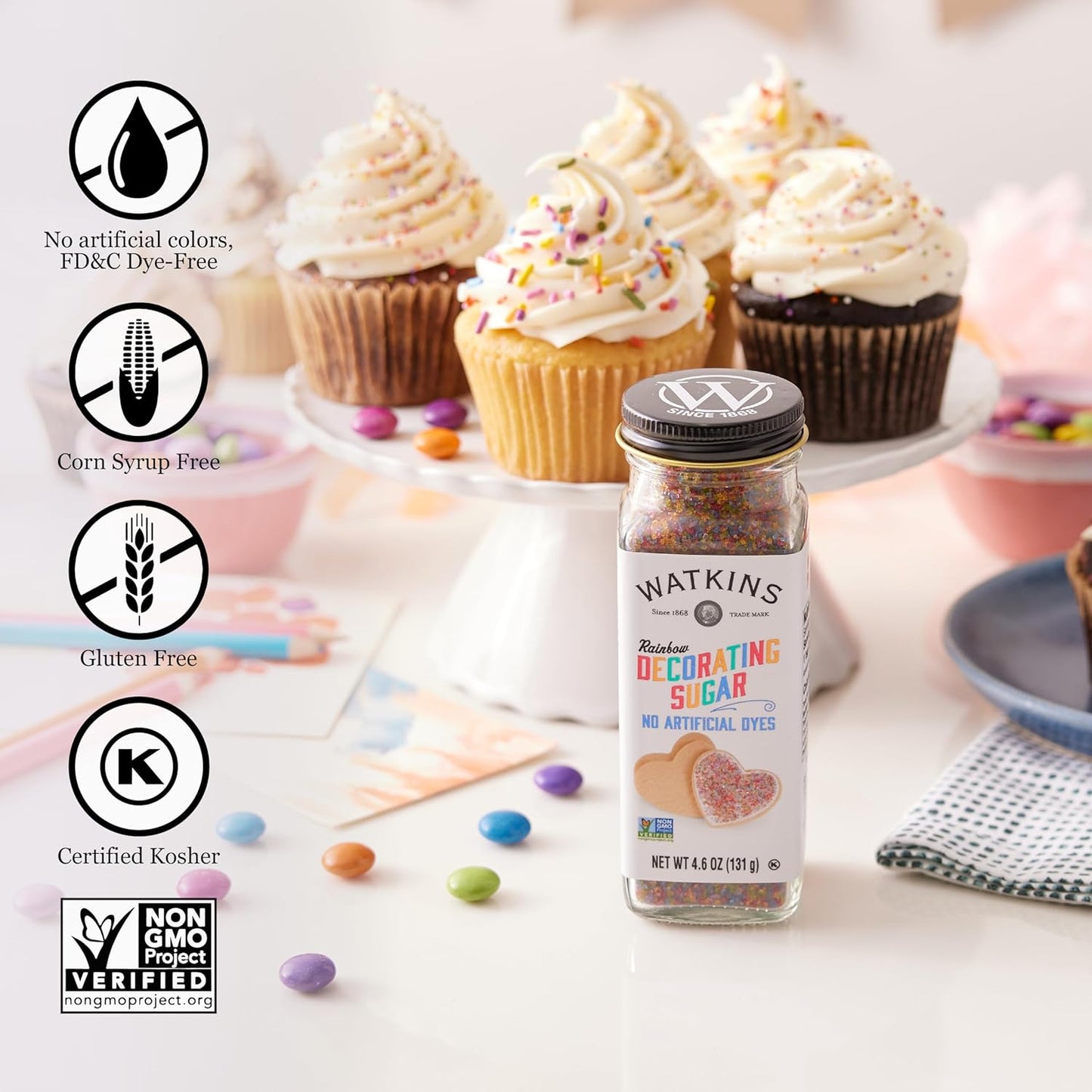Watkins Rainbow Decorating Sugar - Non-GMO Sweetener | 4.6 Ounce Pack of 3