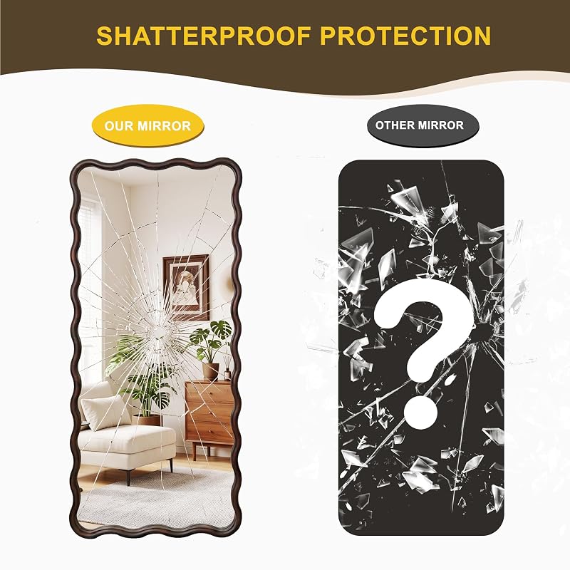 Full Length Mirror 56" x 24" Wood Framed - Dark Brown Wavy Floor Mirror (Variation: 56"L x 24"W)
