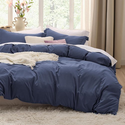 Bedsure Navy Blue California King Duvet Cover - Soft Prewashed Cotton-Like Polyester Set, 104x98" with Zipper Closure & 2 Pillow Shams