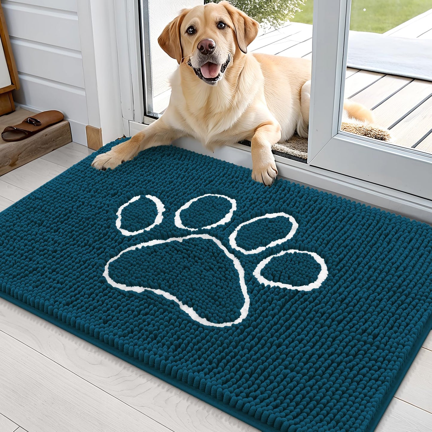 OLANLY Dog Door Mat for Muddy Paws 35x24, Paw Print Design, Absorbs Moisture and Dirt, Absorbent Non-Slip Washable Doormat, Quick Dry Chenille Mud Mat, Entry Indoor Entryway Carpet, Atlantic Blue