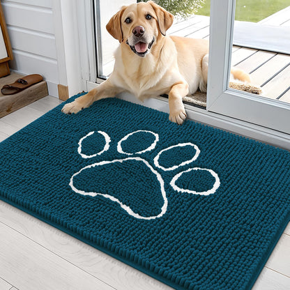 OLANLY Dog Door Mat for Muddy Paws 35x24, Paw Print Design, Absorbs Moisture and Dirt, Absorbent Non-Slip Washable Doormat, Quick Dry Chenille Mud Mat, Entry Indoor Entryway Carpet, Atlantic Blue