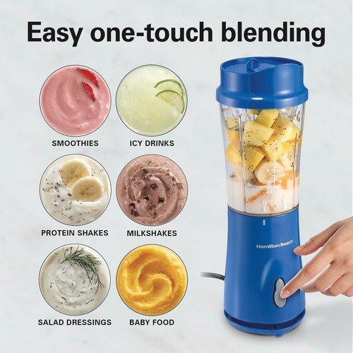 Hamilton Beach Portable Blender - 14 Oz BPA-Free Travel Cup & Lid | Durable Stainless Steel Blades, Blue