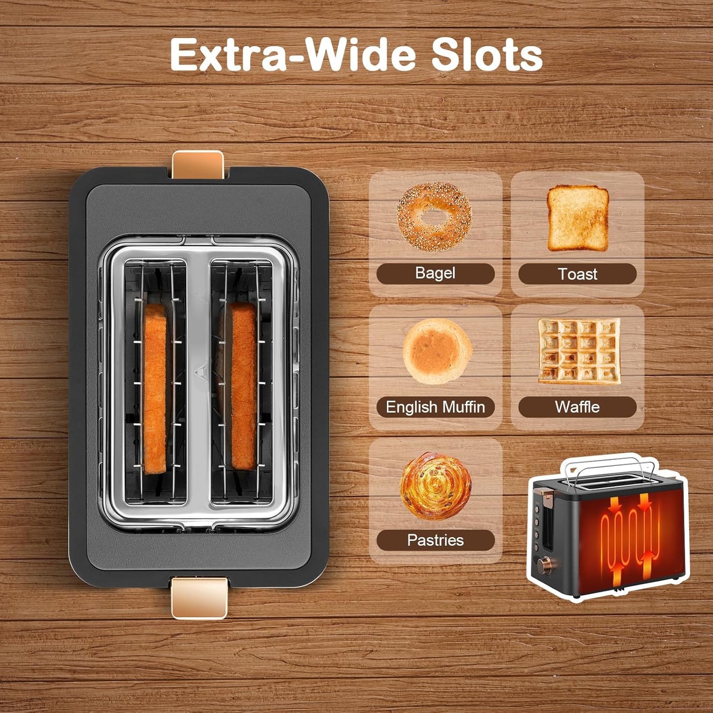 Mecity 2-Slice Stainless Steel Toaster - Extra Wide Slots, 6 Browning Settings, Timer & Functions | Grey