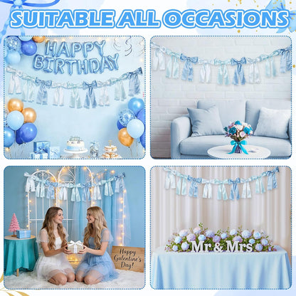 VitalCozy Blue Bow Garland - Pre-Strung Satin Ribbon Decor for Coquette Party & Bridal Showers