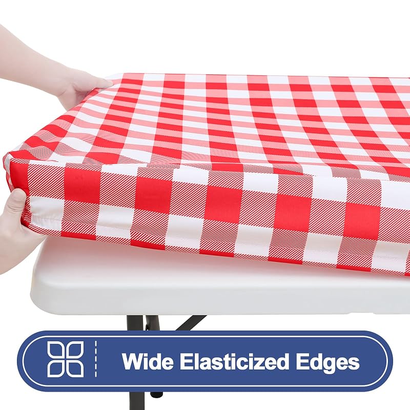 Smiry 6 ft Picnic Table Cloth Set (2-Pack) Elastic Fitted Waterproof Buffalo Plaid - Red & White 36" x 72"