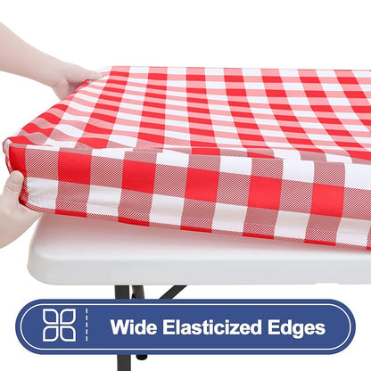 Smiry 6 ft Picnic Table Cloth Set (2-Pack) Elastic Fitted Waterproof Buffalo Plaid - Red & White 36" x 72"
