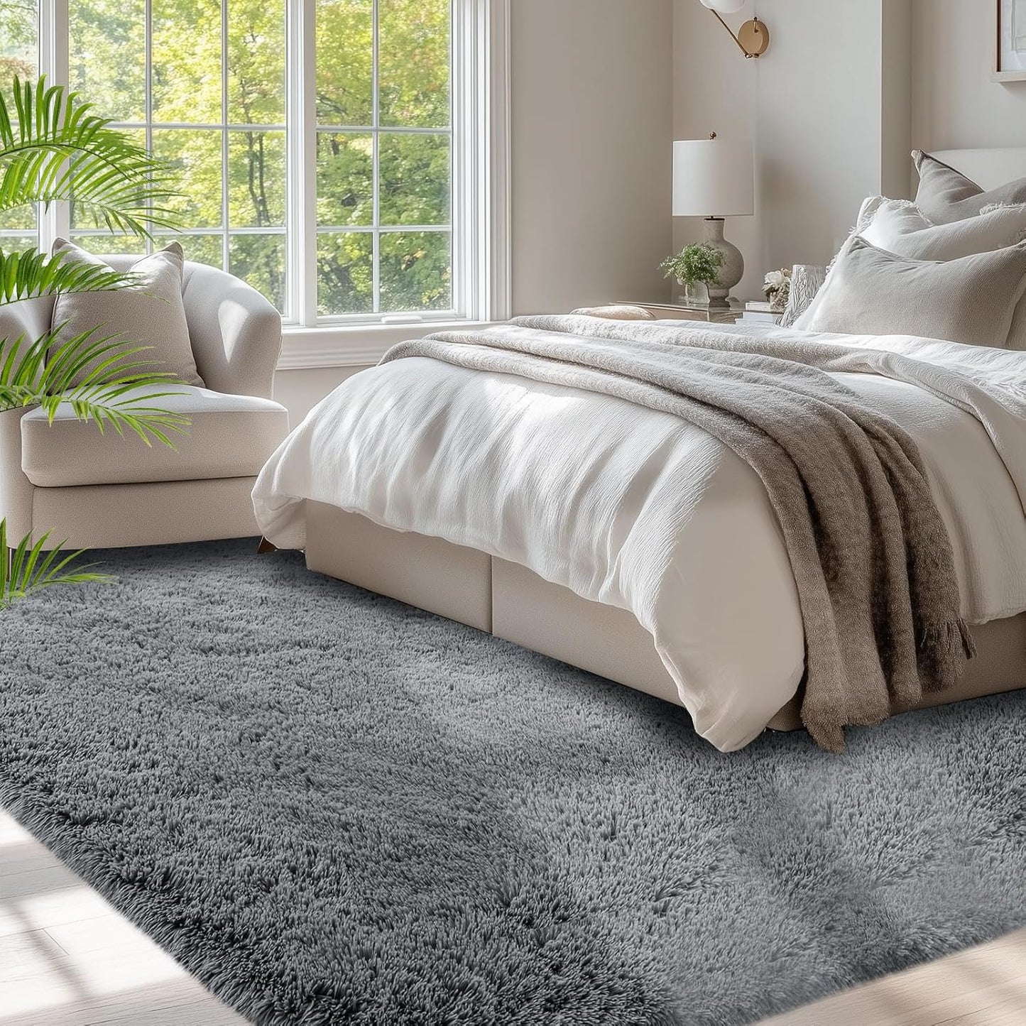 Skiennix Fluffy Area Rug - Soft Grey Shag Carpet for Bedroom & Living Room | 5x7 Plush Design