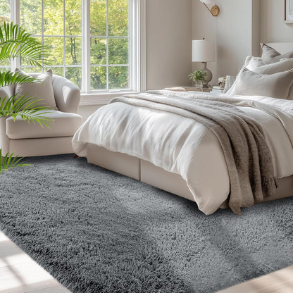 Skiennix Fluffy Area Rug - Soft Grey Shag Carpet for Bedroom & Living Room | 5x7 Plush Design