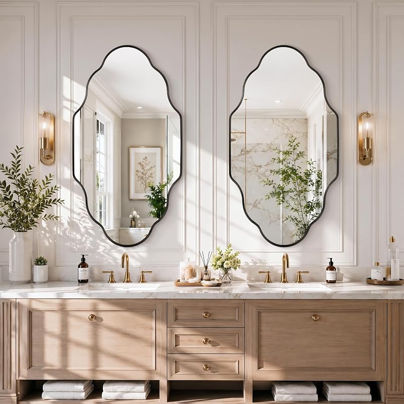 Scalloped Black Bathroom Mirror - 20"L x 36"W, Irregular Wall Decor (1 Pack)