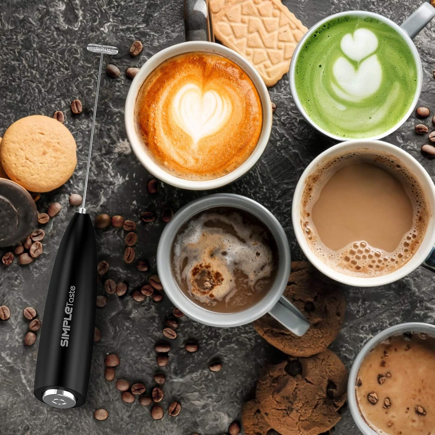 SimpleTaste Electric Milk Frother - Handheld Foam Maker with Stainless Steel Whisk for Lattes & Cappuccinos | Black with Stand