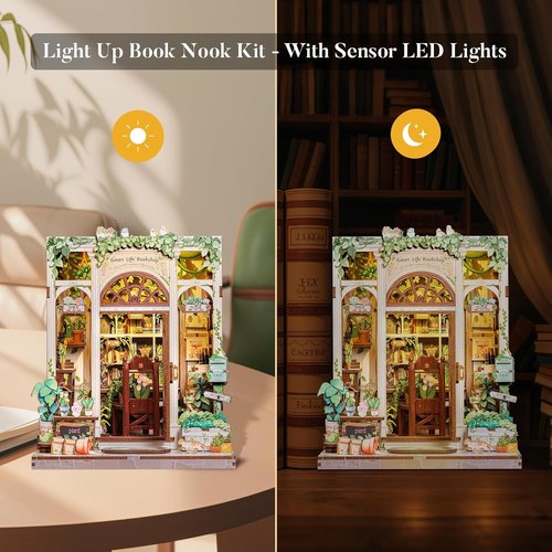 Fsolis Book Nook Kit - 3D Wooden Puzzle for Adults | DIY Miniature House, 196 Pcs, Green Life's Bookshop Design