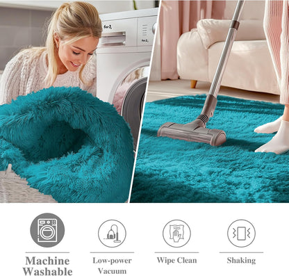 OLANLY Teal Round Area Rug - Soft, Fluffy, Machine Washable 4 ft Circle Carpet for Bedroom & Living Room