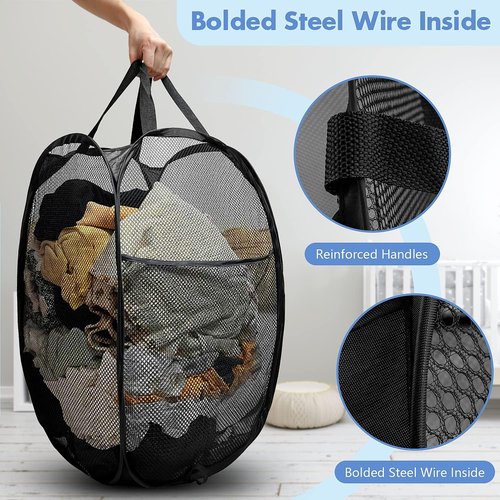 DUCOO Pop Up Laundry Hamper - 70L Collapsible Mesh Basket with Side Pocket | Foldable Black Storage Solution for Home & Travel
