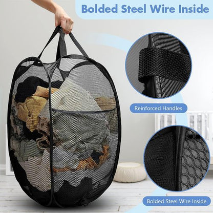 DUCOO Pop Up Laundry Hamper - 70L Collapsible Mesh Basket with Side Pocket | Foldable Black Storage Solution for Home & Travel