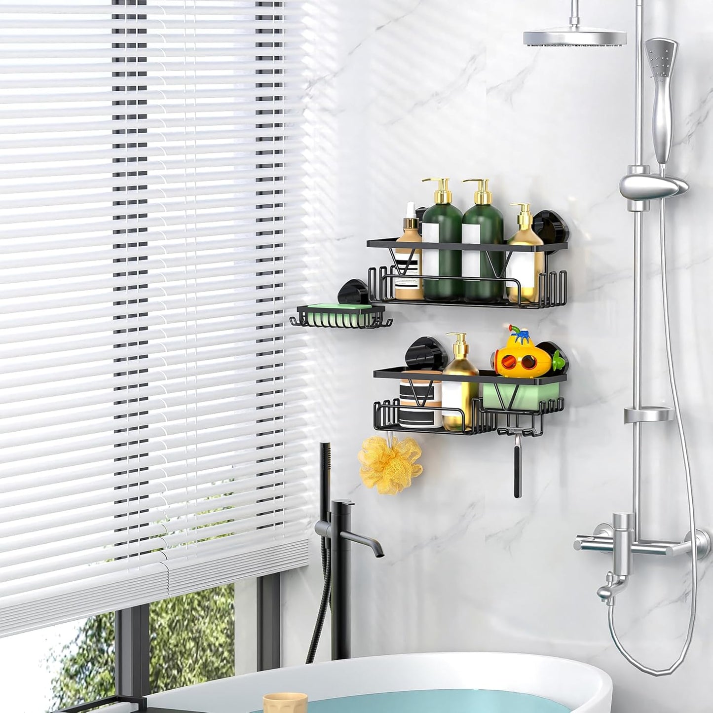 ZUNTO Shower Caddy | 3-Piece Suction Cup Organizer Set with Soap Holder & Hooks - No Drilling Required