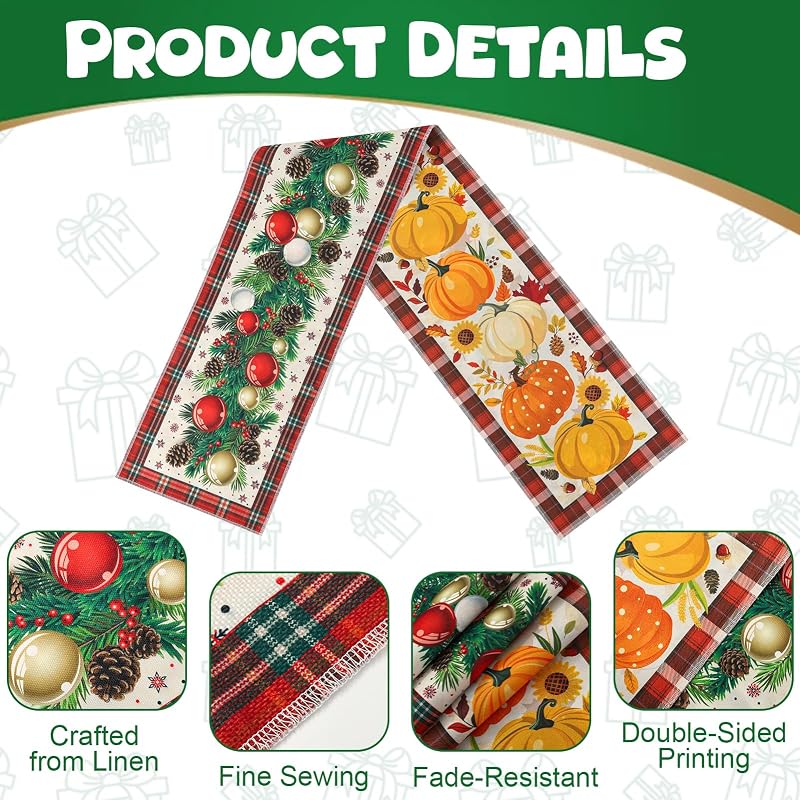 Double Sided Table Runner for Thanksgiving & Christmas 13 x 72 Inches