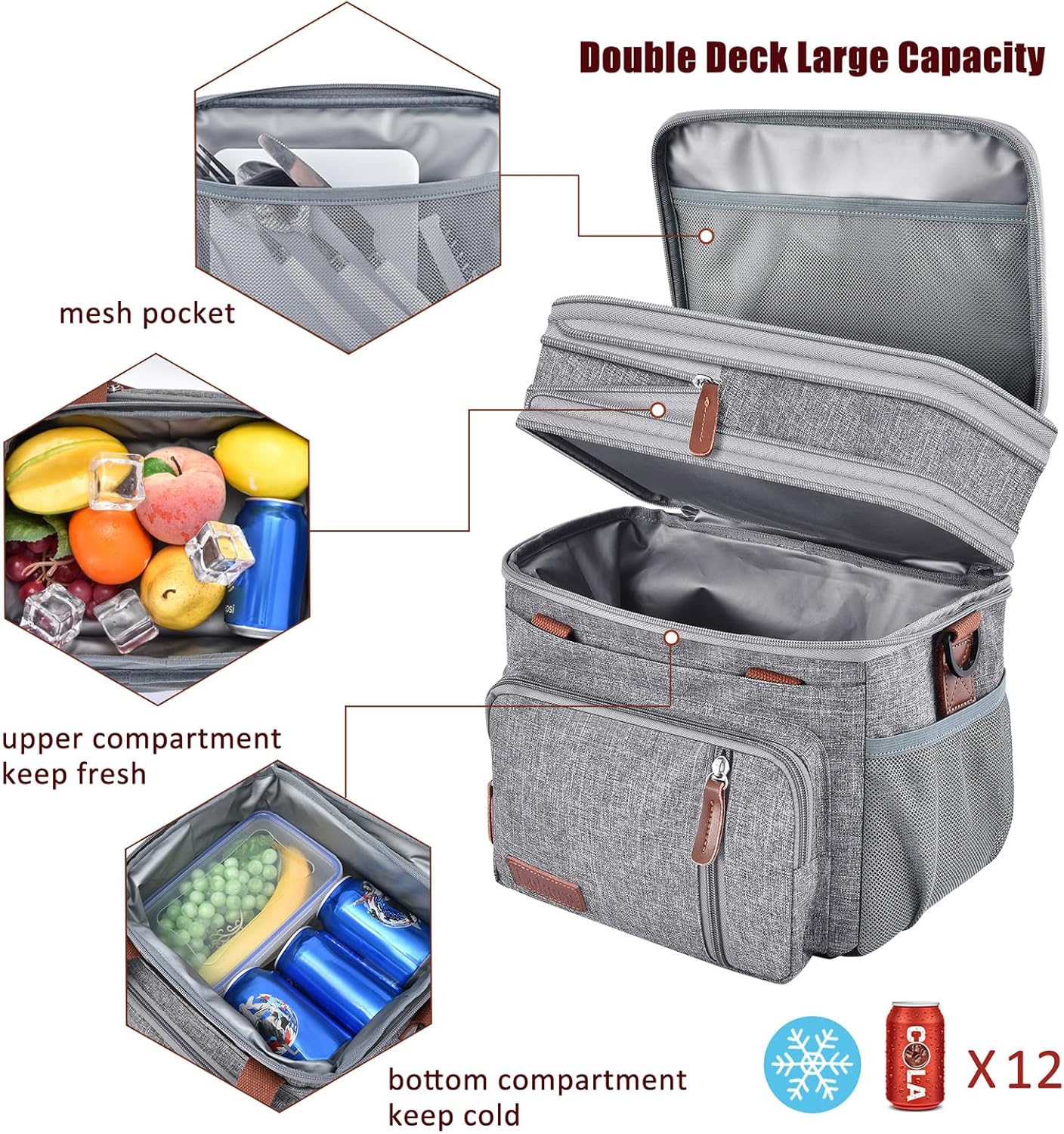 MIYCOO Insulated Lunch Bag - Double Deck Leakproof Cooler for Work, Beach & Travel | Grey, 15L