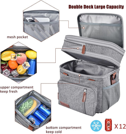 MIYCOO Insulated Lunch Bag - Double Deck Leakproof Cooler for Work, Beach & Travel | Grey, 15L