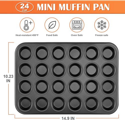 E-far Mini Muffin Pan - 24-Cup Nonstick Bakeware for Perfect Mini Muffins & Cupcakes | Oven Safe, Warp-Free