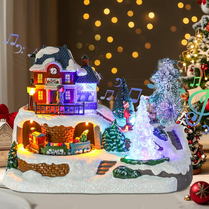 Wonder Garden Christmas Village Houses - Lighted Musical Railway Station with Moving Train & Animated Figurines for Indoor Decor