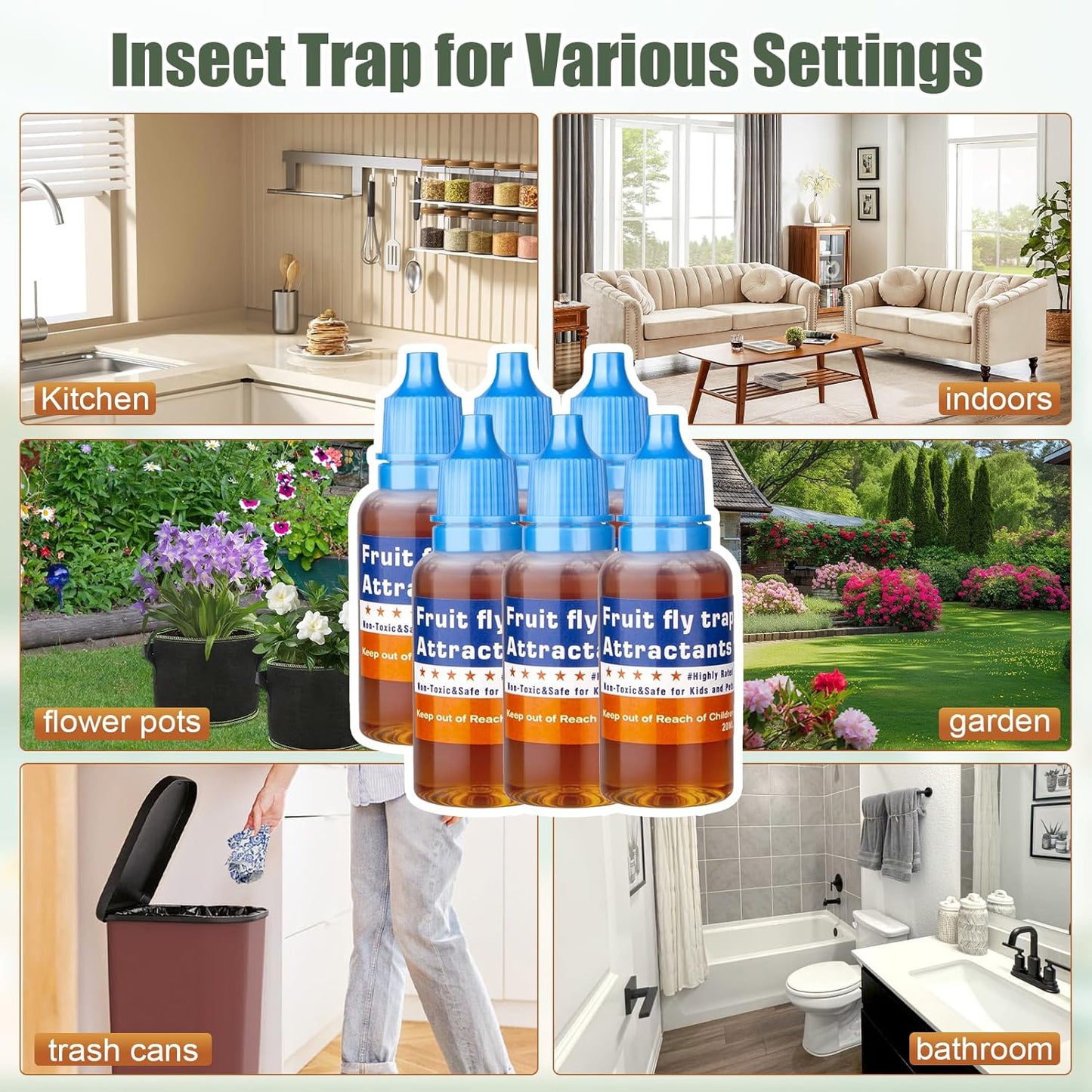 Skiennix Fruit Fly Trap Refill Liquid - Long-Lasting Gnat Killer Bait | Safe for Kitchen & Bathroom (6 Pack)