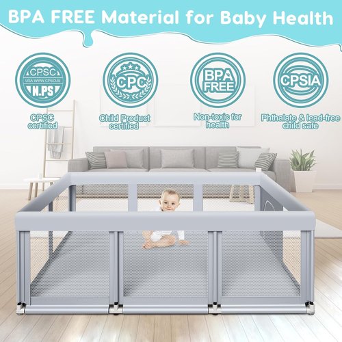 Fshibila Large Baby Playpen - Sturdy Safety Playard with Soft Mesh | 74" x 50", Grey for Indoor & Outdoor Use